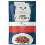 Purina Gourmet Perle cat food package with a white cat on the label