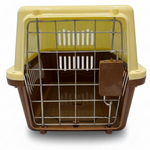 Pet carrier with a yellow top and brown base on a white background