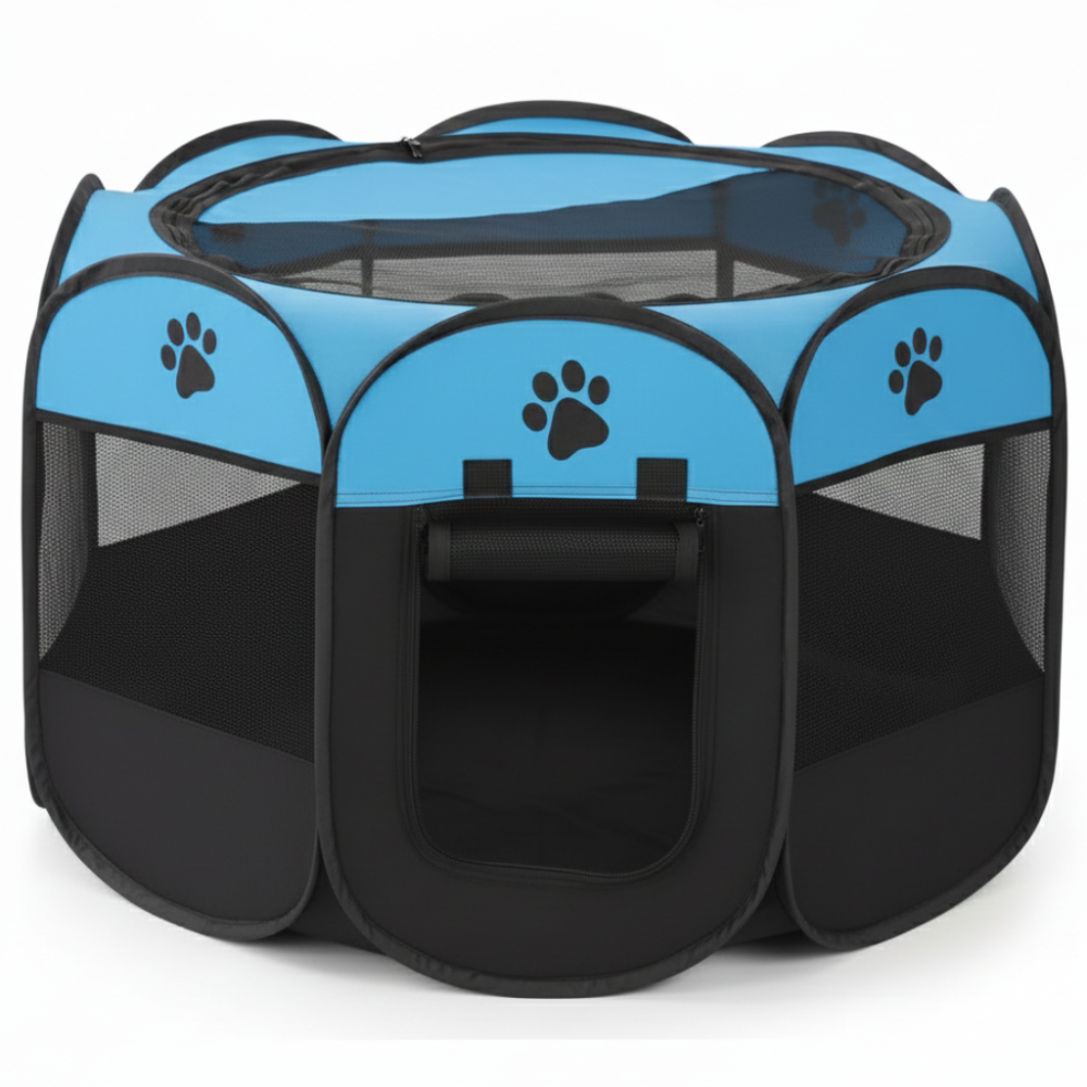 Pet playpen with blue top and black sides on a white background