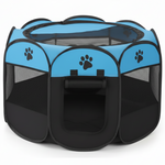 Pet playpen with blue top and black sides on a white background