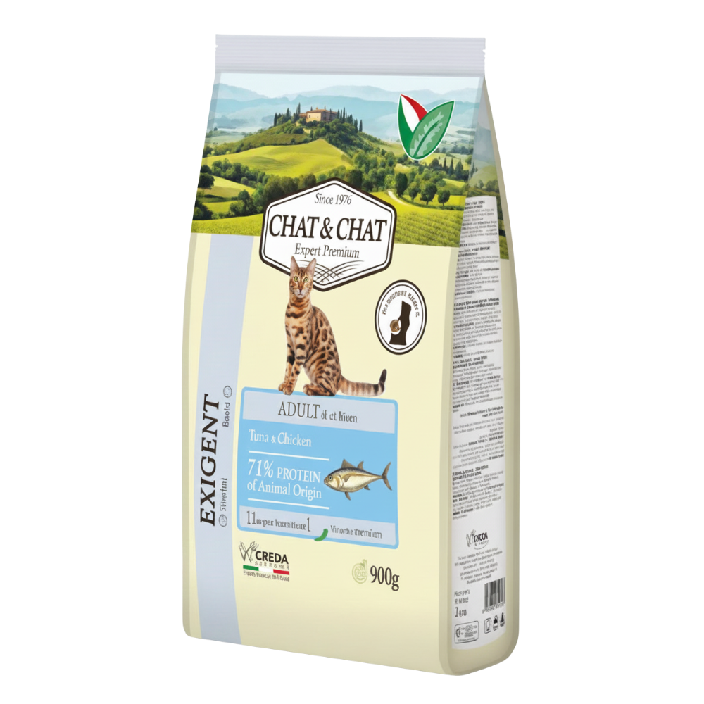 Cat food package with scenic design and branding on a white background