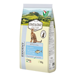 Cat food package with scenic design and branding on a white background