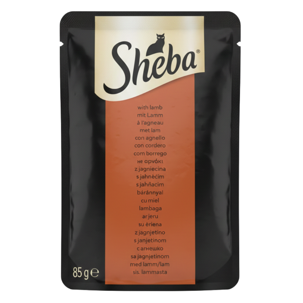 Sheba cat food pouch with black and orange design
