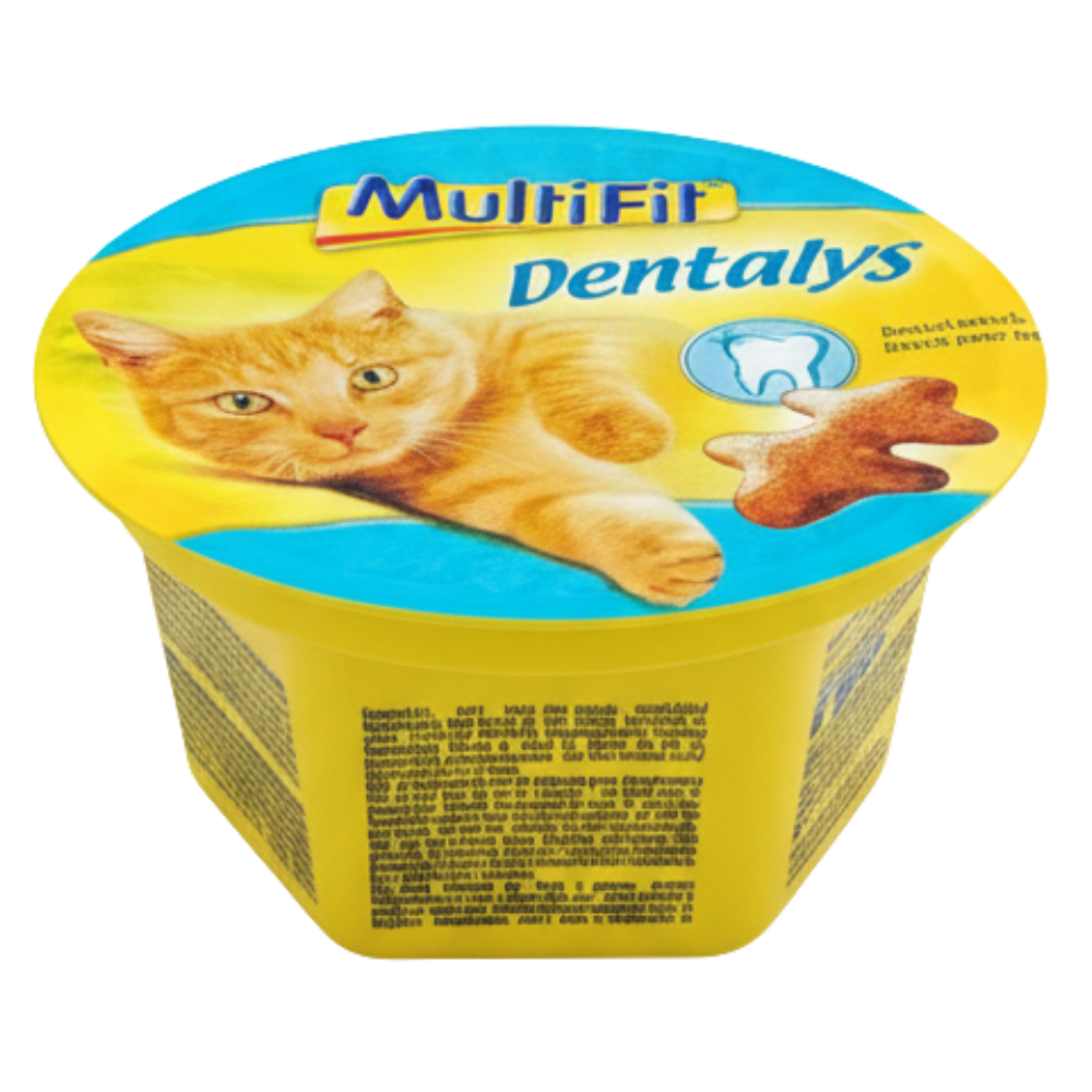 Multifit Dentalys cat treat container with a cat on the label