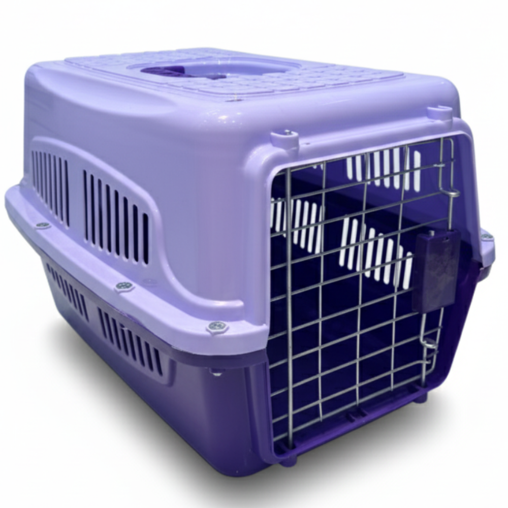 Purple pet carrier with a white background