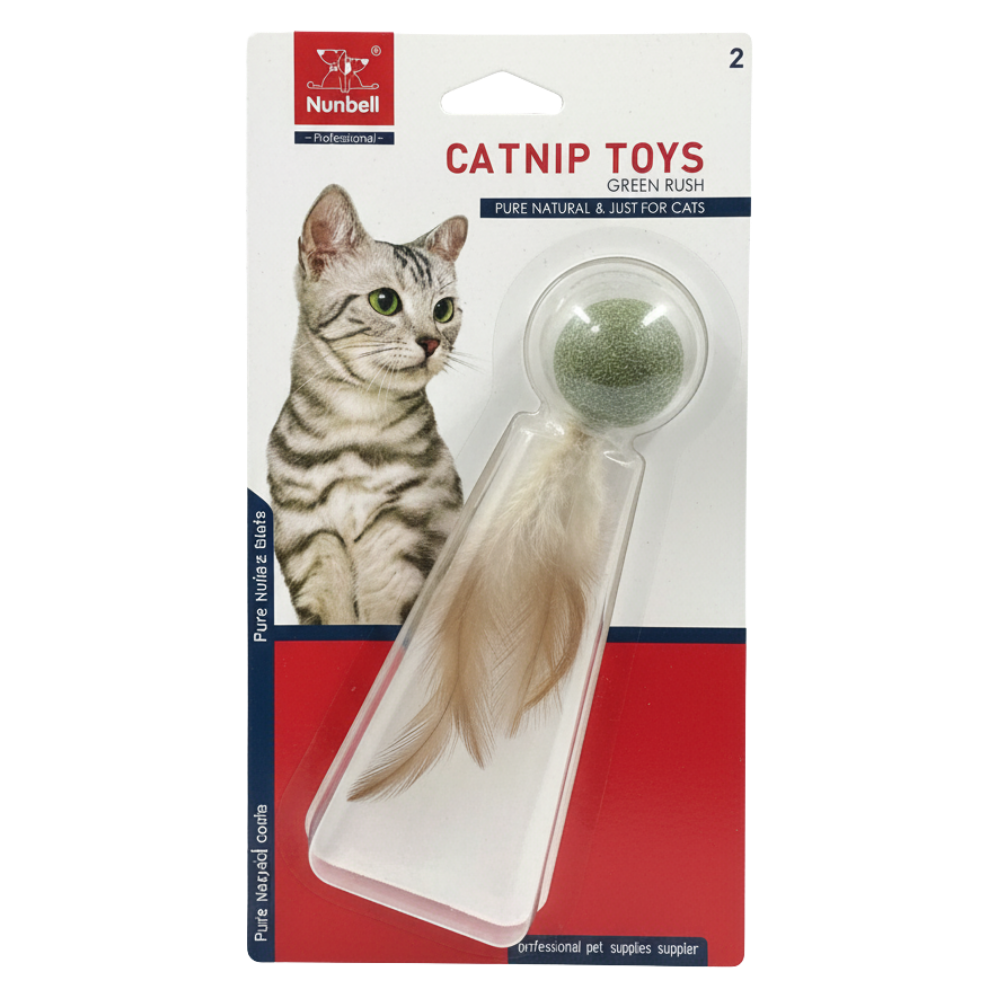 Catnip toy packaging with a cat illustration and product details on a white background
