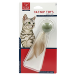 Catnip toy packaging with a cat illustration and product details on a white background
