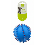 Blue dog toy with red spikes on a white background, featuring a Nylabone brand tag.