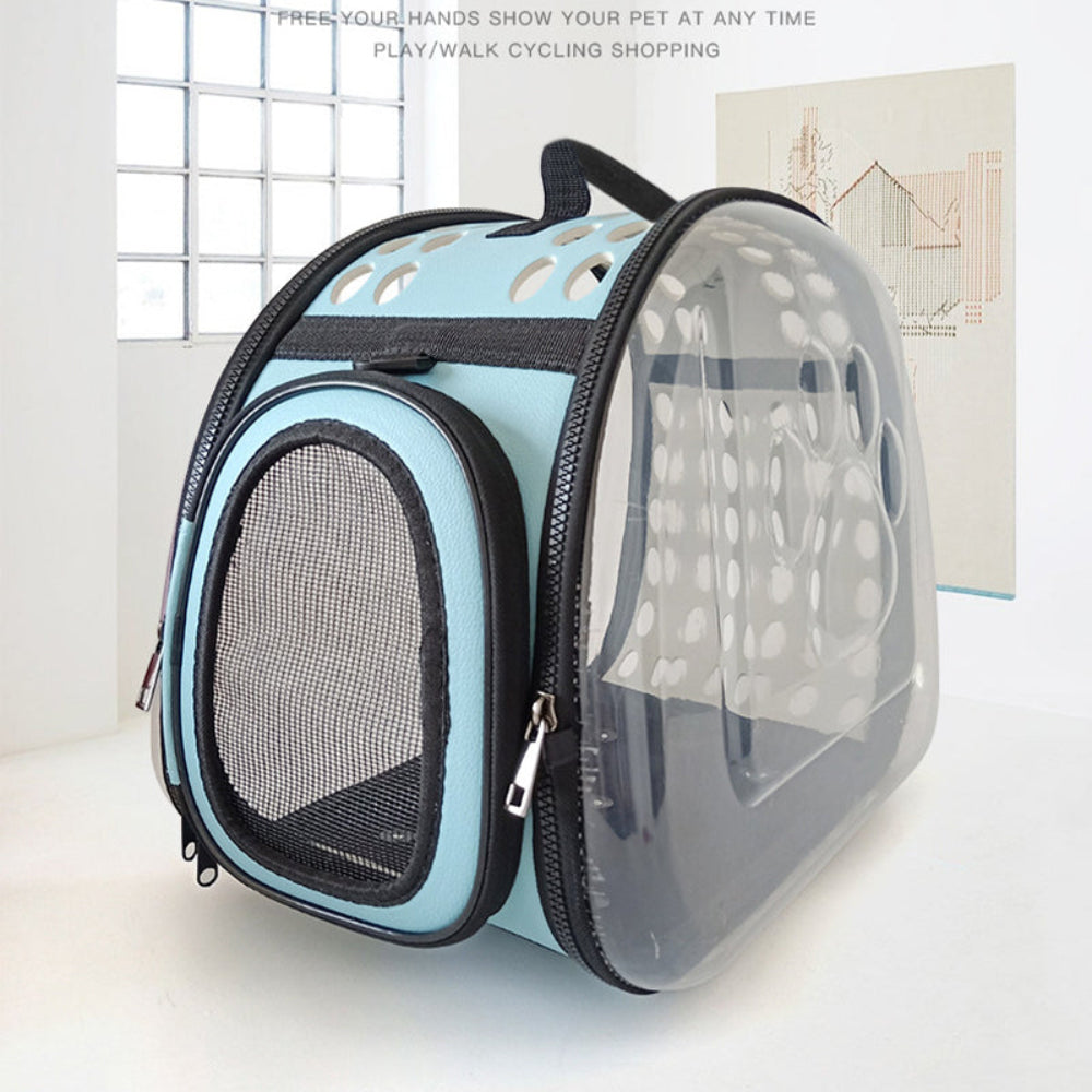 Pet carrier with transparent side on a white surface