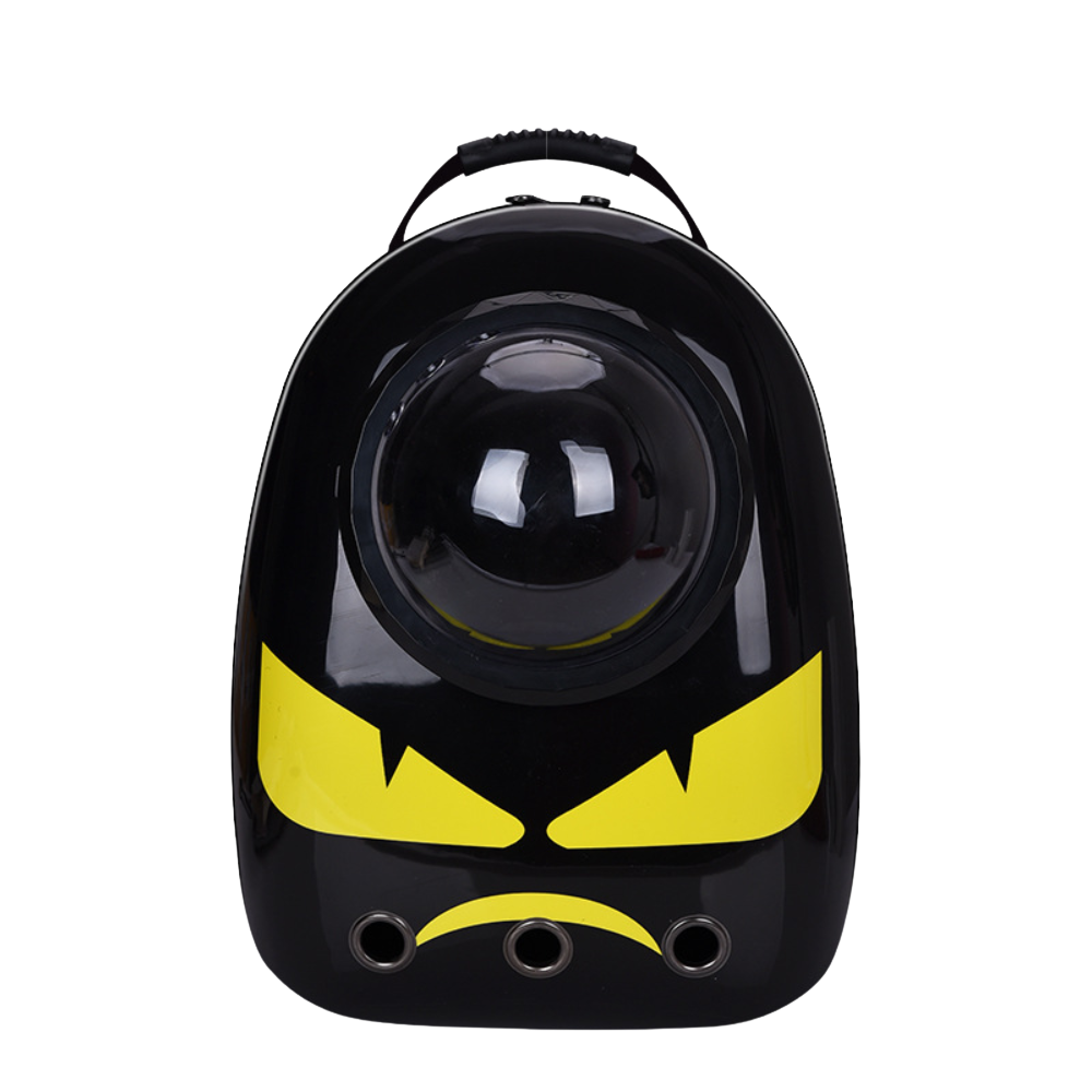 Black and yellow pet carrier with a design resembling a superhero mask on a white background