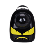 Black and yellow pet carrier with a design resembling a superhero mask on a white background