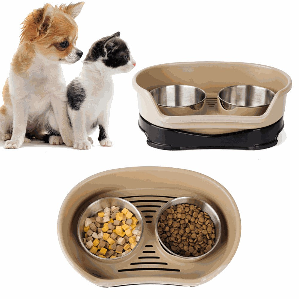 Pet bowls for a dog and cat with food on a white background