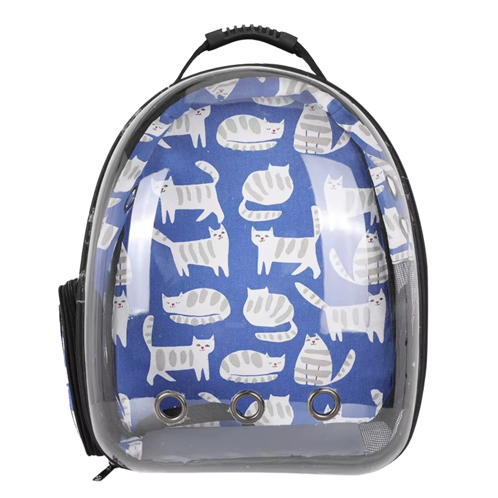 Pet carrier with cat pattern on a blue background