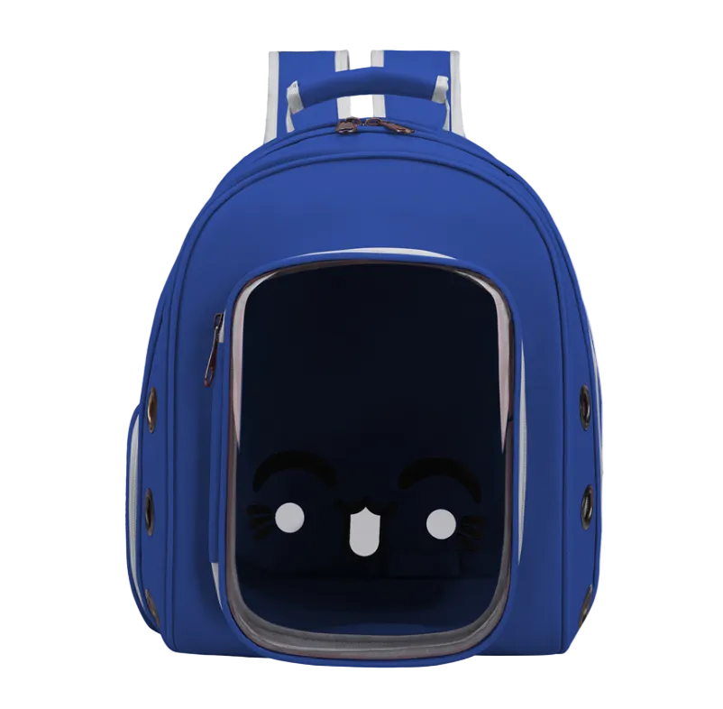 Blue backpack with a cartoon face design on a white background
