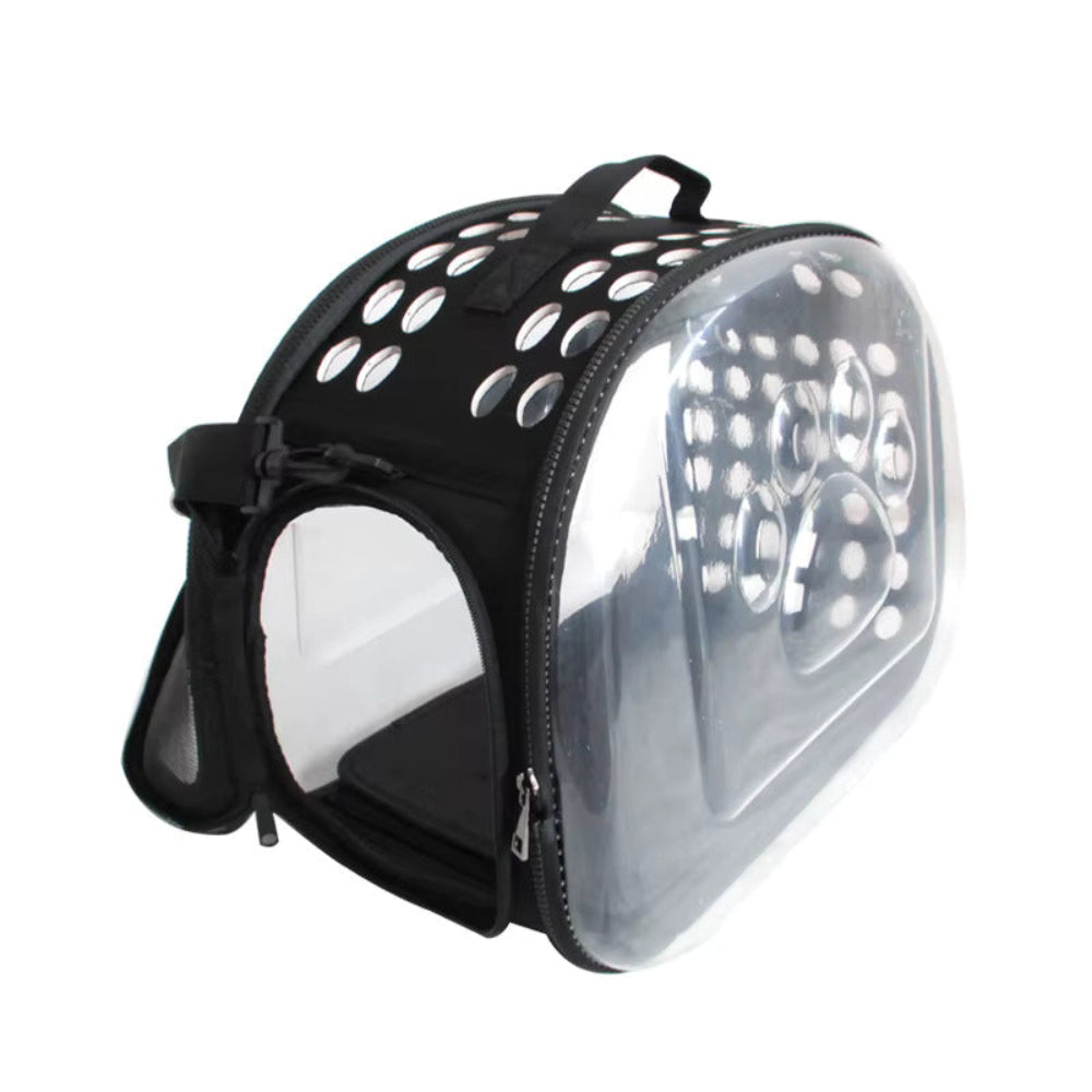 Black pet carrier with clear front panel on a white background