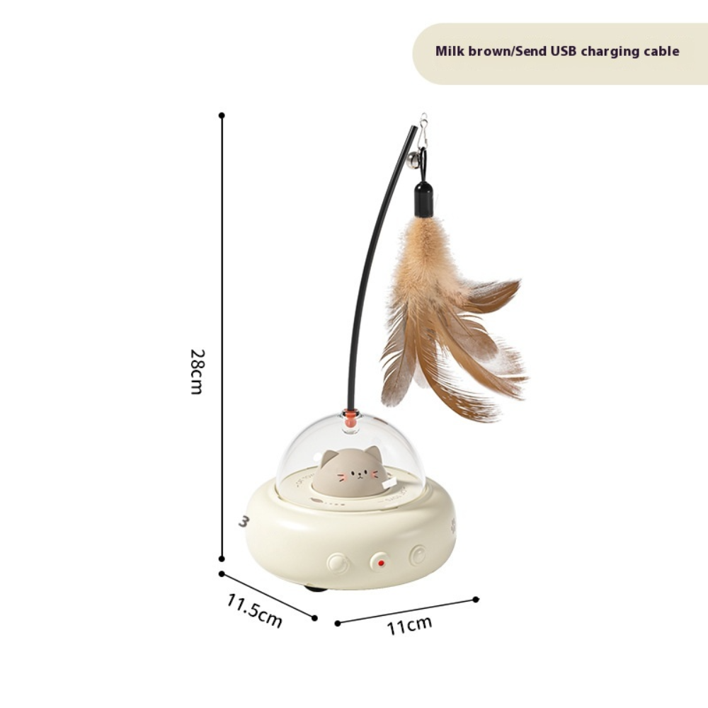 Pet toy with feather and dimensions on a white background