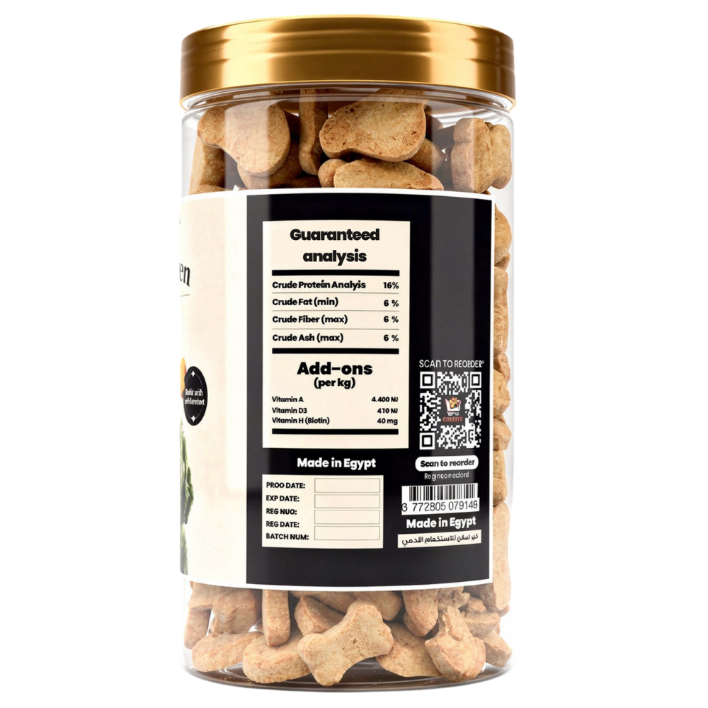 Jar of dog treats with a gold lid on a white background