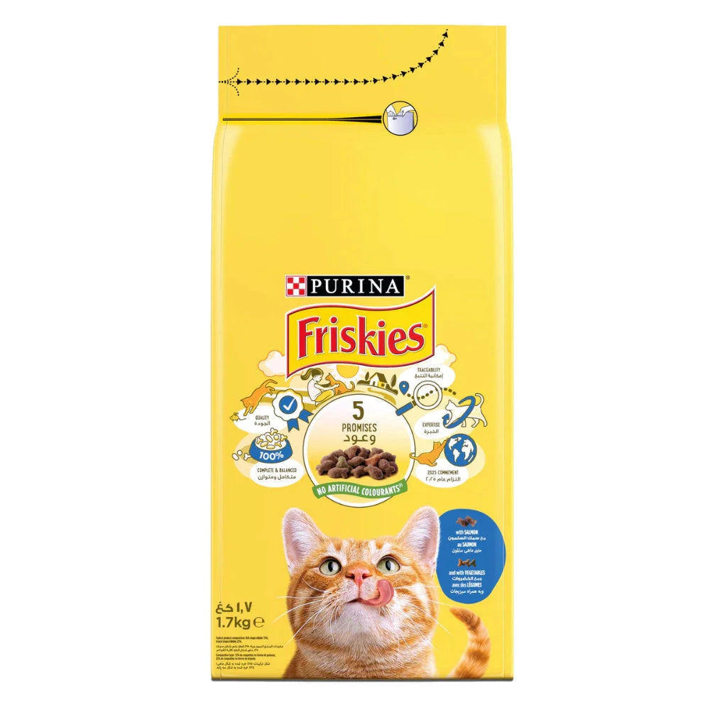 Yellow bag of Purina Friskies cat food with a cat on the label