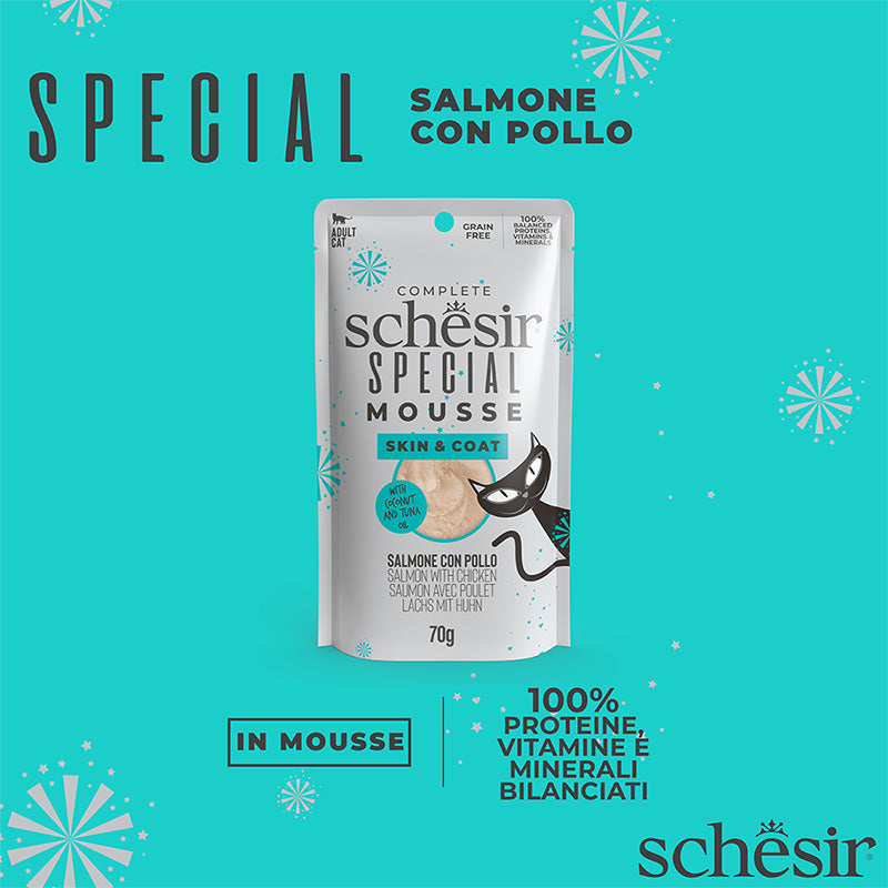 Schesir Skin&Coat salmone con pollo in mousse in busta 70g.