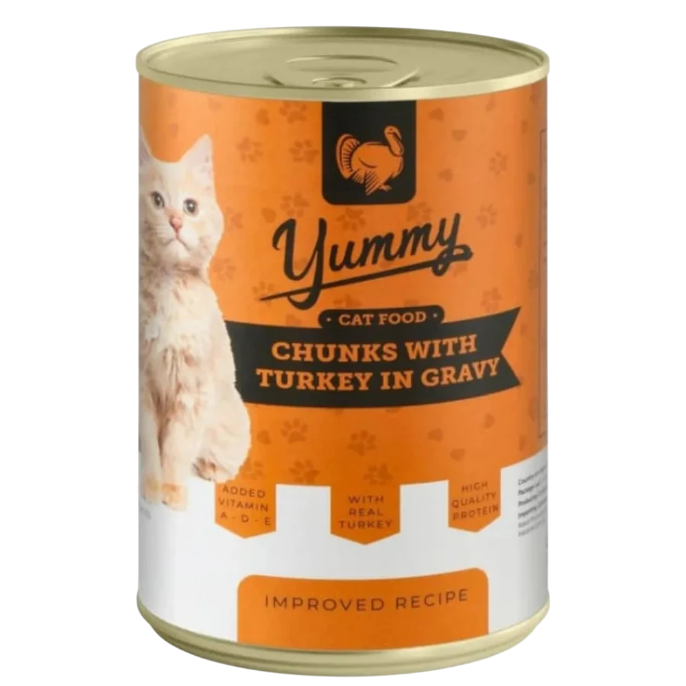 Can of Yummy cat food with a cat on the label, featuring turkey in gravy.