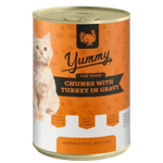Can of Yummy cat food with a cat on the label, featuring turkey in gravy.