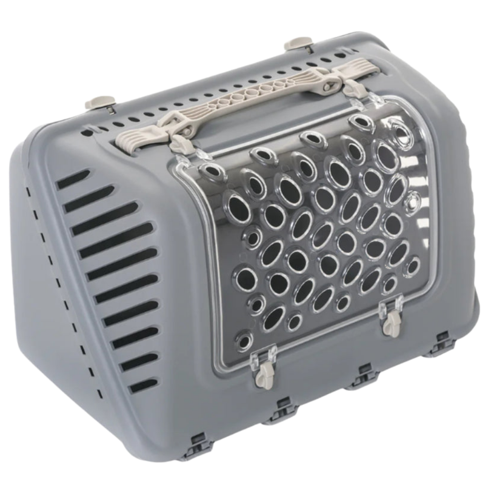 Gray pet carrier with metal grille on a white background