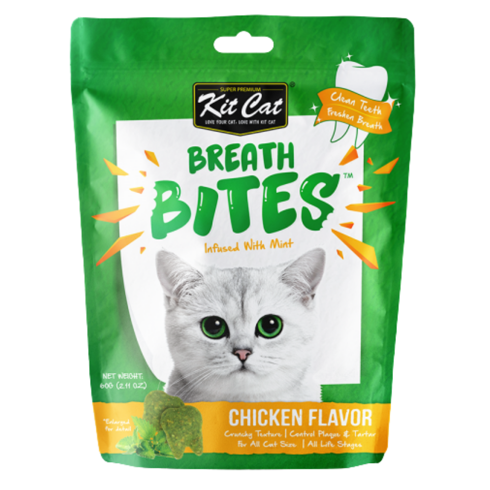 Package of Kit Cat Breath Bites cat treats with a green border and cat illustration on a white background