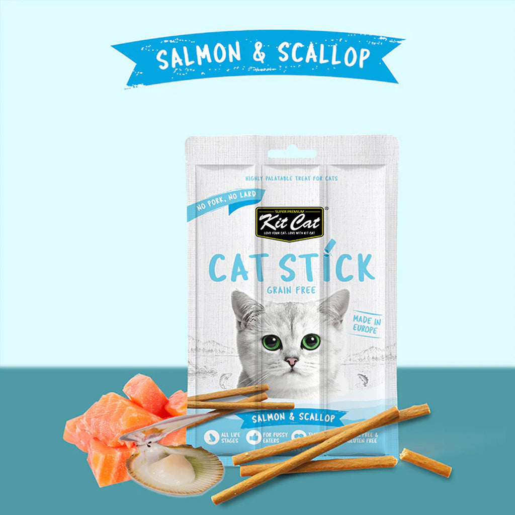 Kit Cat Cat Stick salmon and scallop treat packaging with cat illustration on a blue background