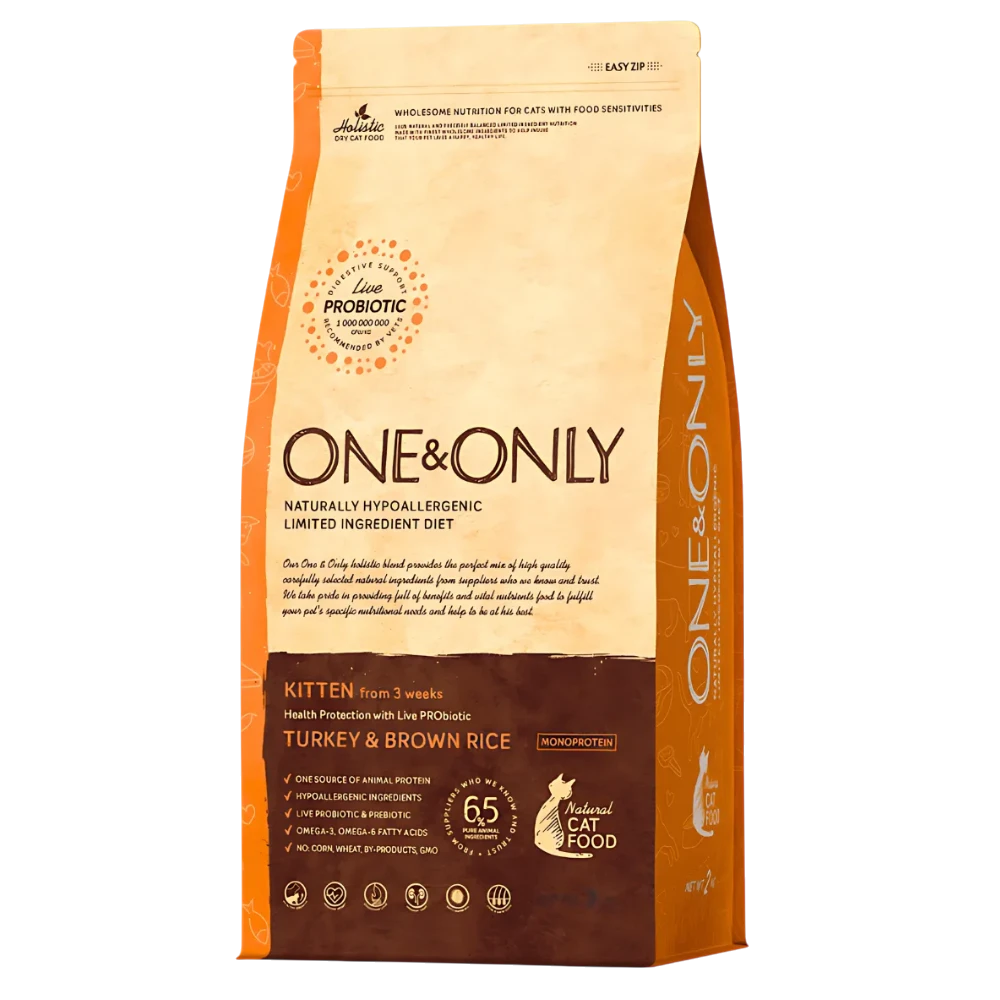 One&Only kitten food package with turkey and brown rice on a white background