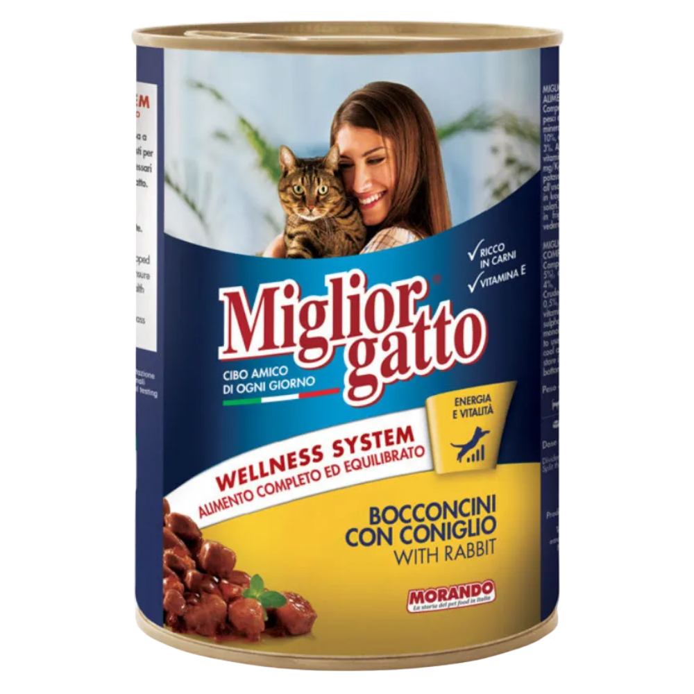 Can of Miglior Gatto cat food with a woman and cat on the label