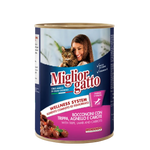 Can of Miglior Gatto cat food with a woman and cat on the label