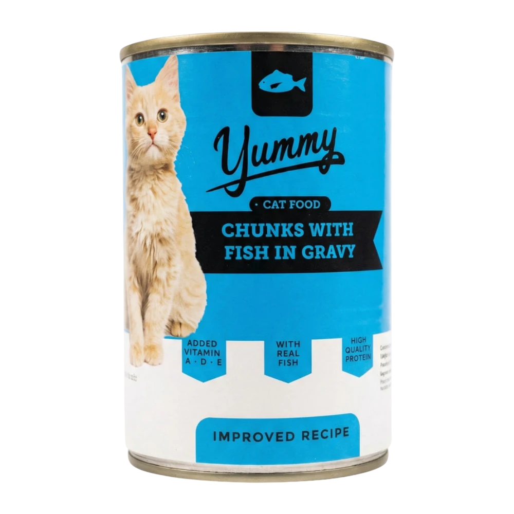 Can of Yummy cat food with a blue label featuring a cat and text.