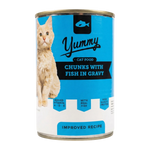 Can of Yummy cat food with a blue label featuring a cat and text.