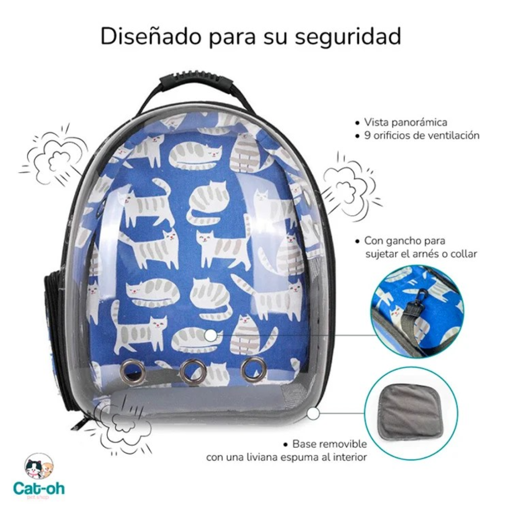 Pet carrier with cat pattern and features highlighted on a white background