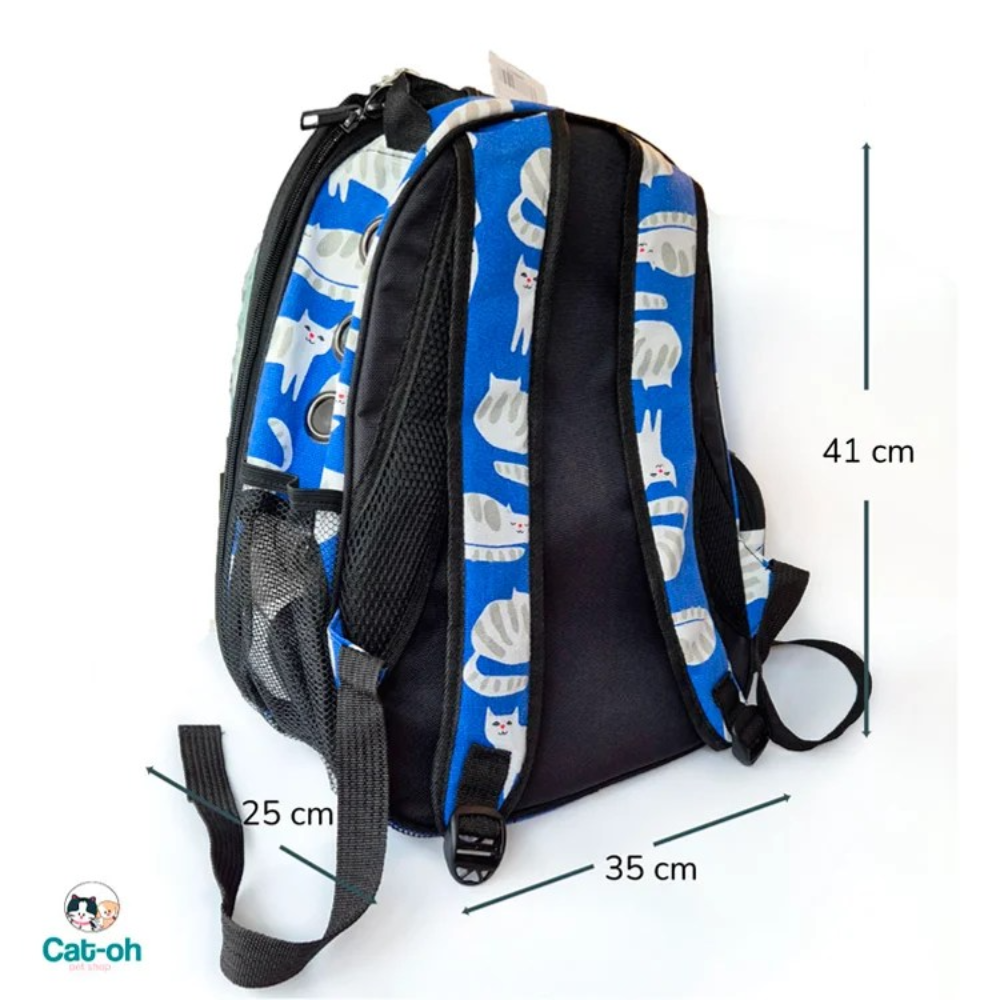 Backpack with blue and white cat pattern straps, shown with measurements on a white background.