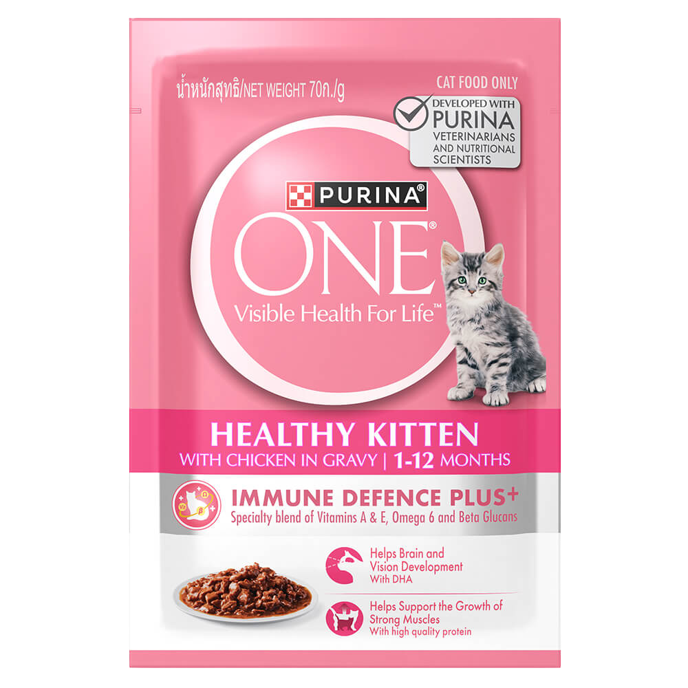 Purina One Healthy Kitten cat food package on a white background