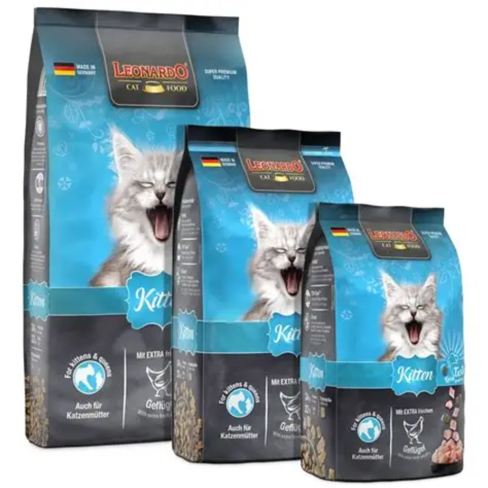 Three bags of Leonardo cat food for kittens on a white background