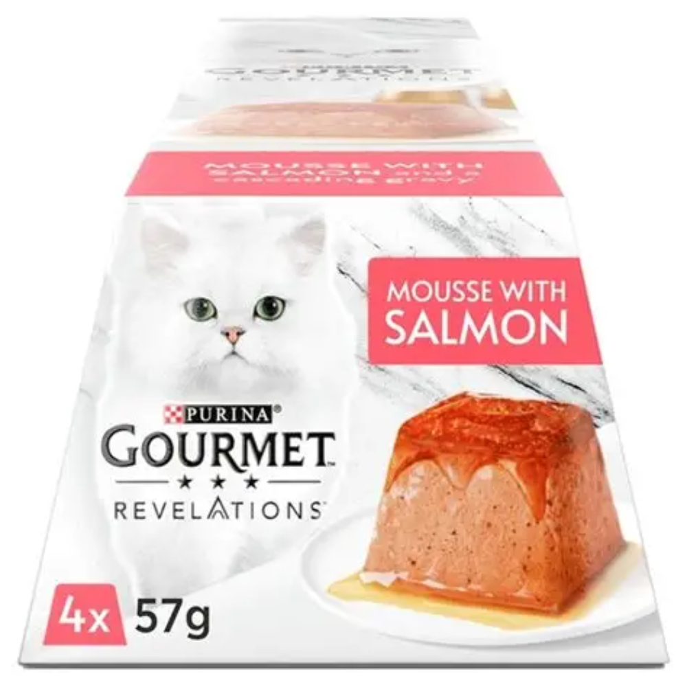 Purina Gourmet Revelations cat food package with mousse and salmon on a white background