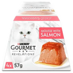 Purina Gourmet Revelations cat food package with mousse and salmon on a white background