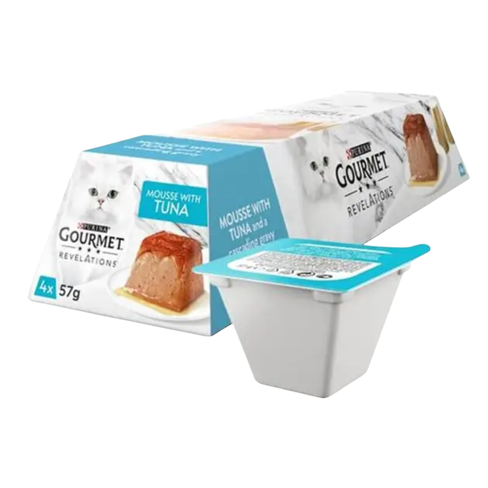 Gourmet Revelations cat food packaging with tuna flavor on a white background