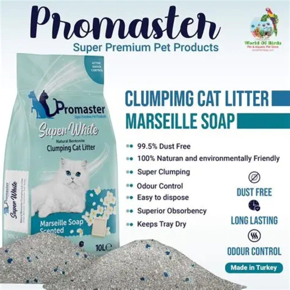 Promaster clumping cat litter package with product details on a light blue background