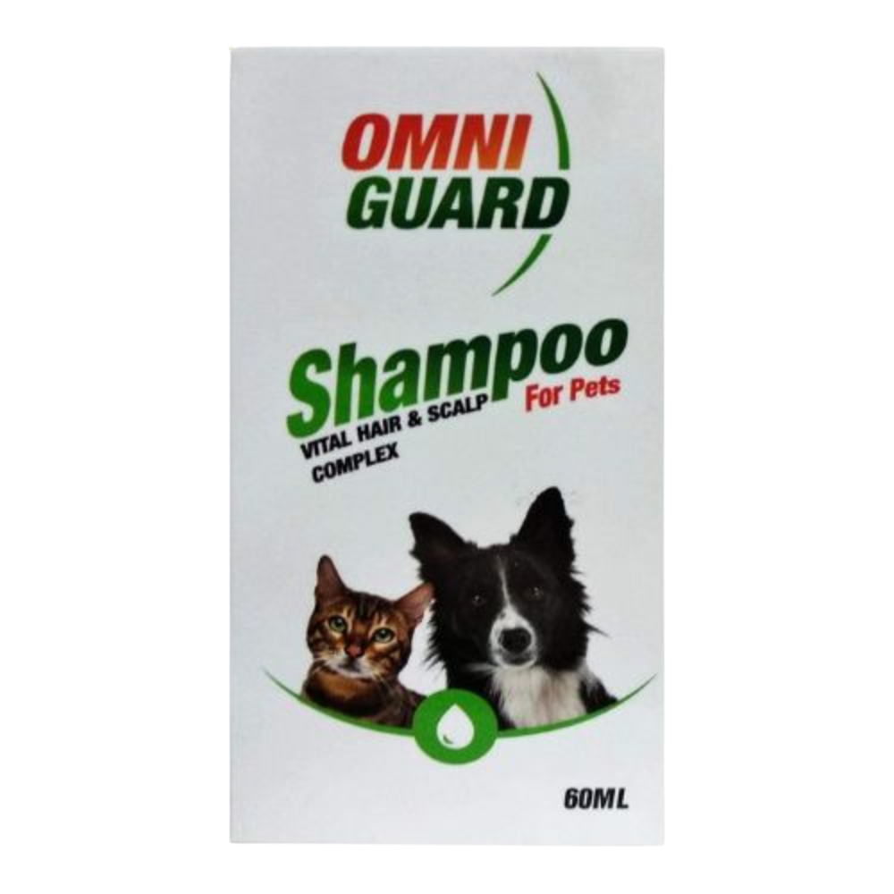 Omni Guard Shampoo for pets packaging with a cat and dog illustration on a white background