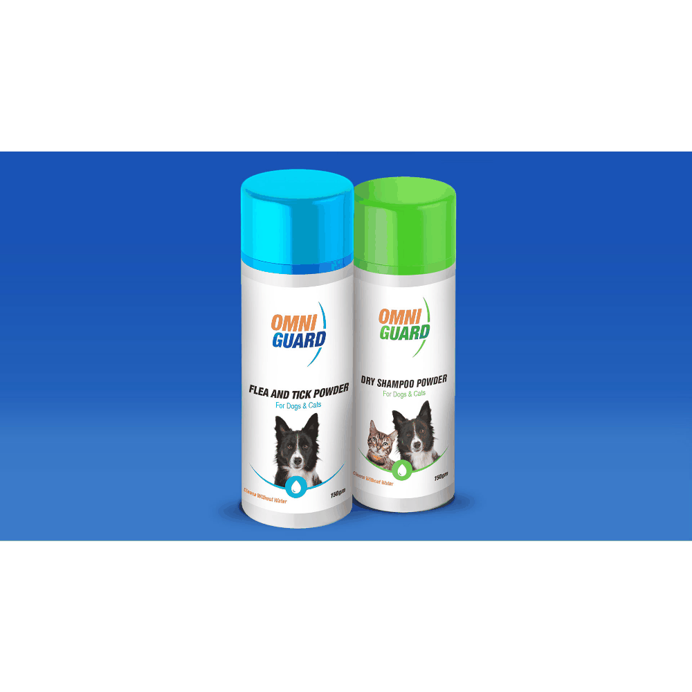 Two Omni Guard pet care products on a blue background
