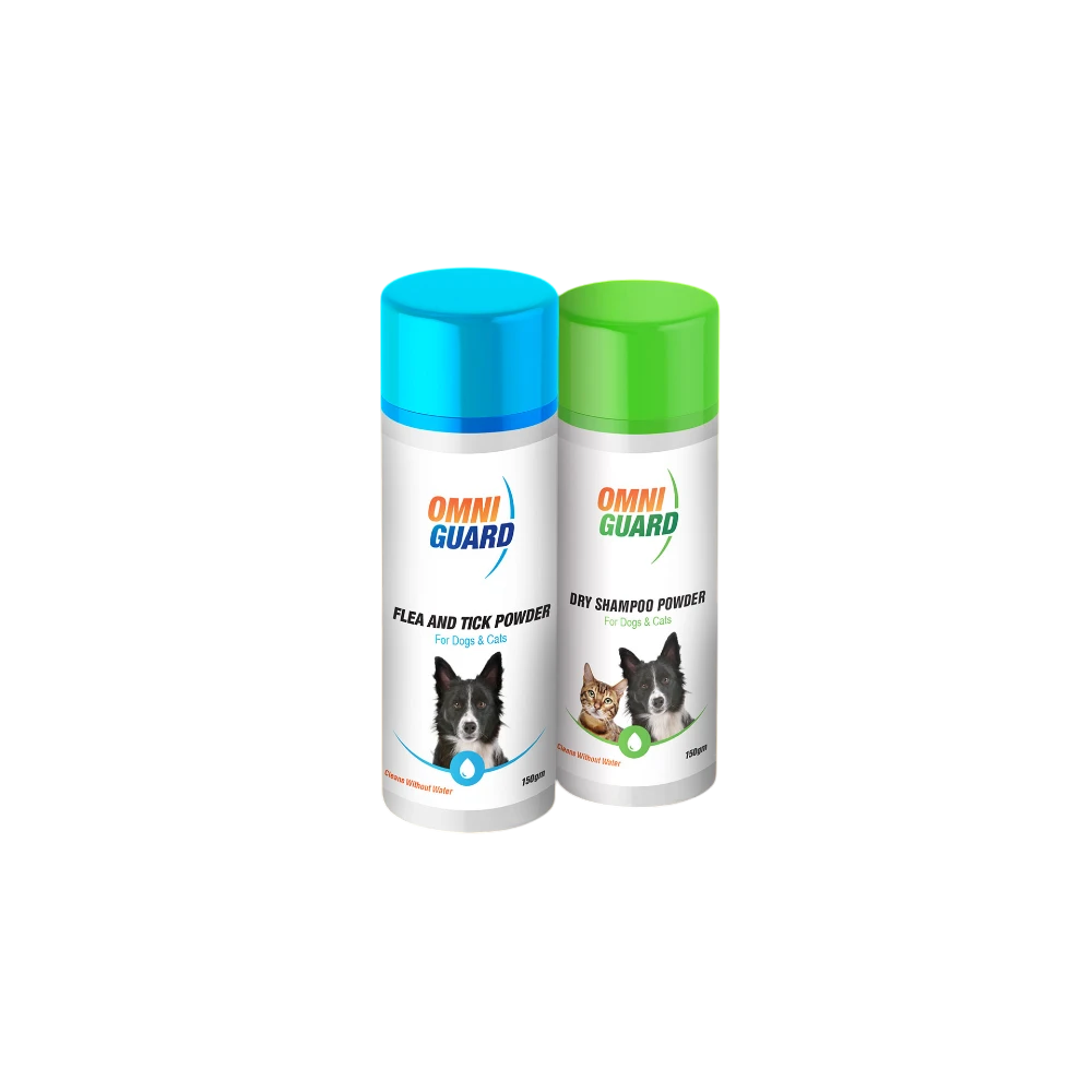 Two Omni Guard pet care products on a blue background
