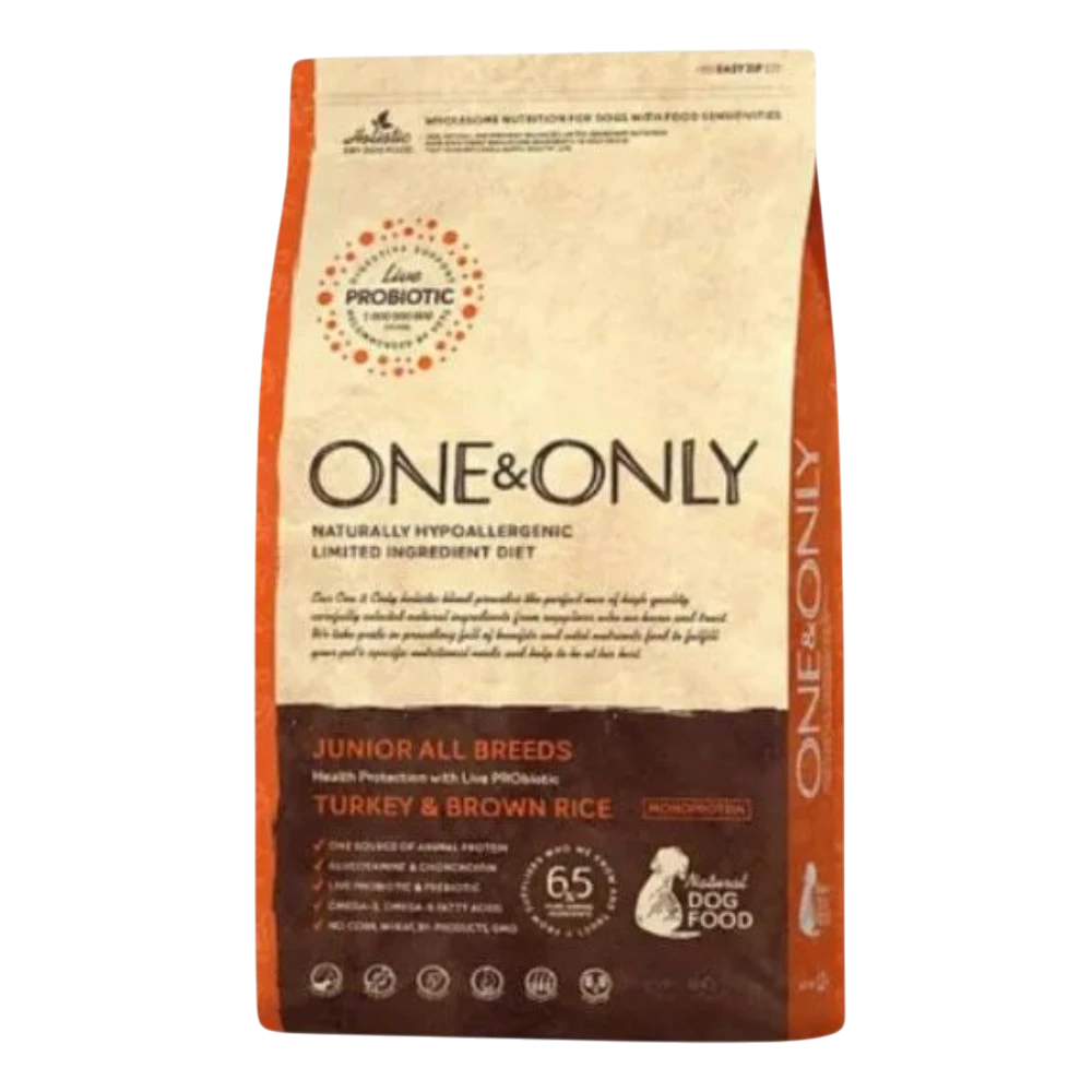 One&Only dog food package for junior all breeds with turkey and brown rice on a white background