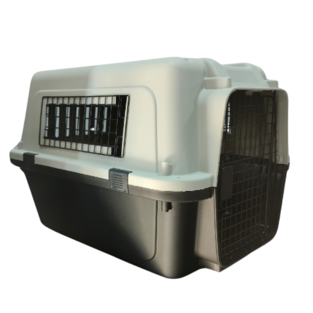 Pet carrier with beige top and black bottom on a white background