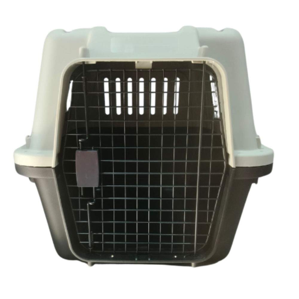 Pet carrier with a black interior on a white background