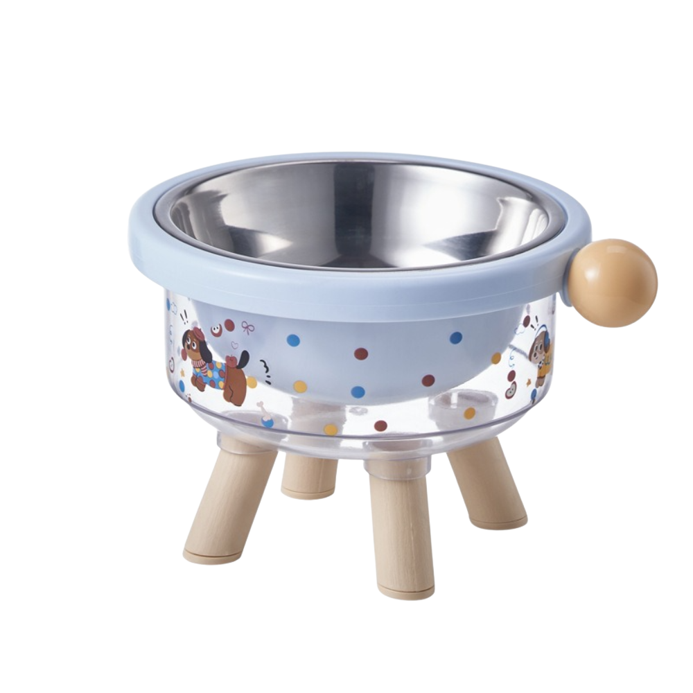 Pet bowl with cartoon design and wooden legs, showing measurements on a white background