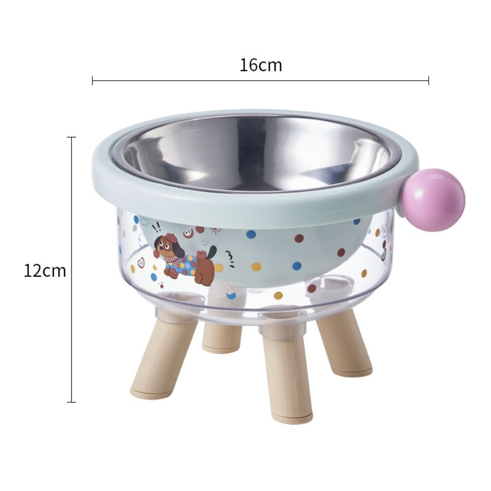 Pet bowl with legs and dimensions on a white background