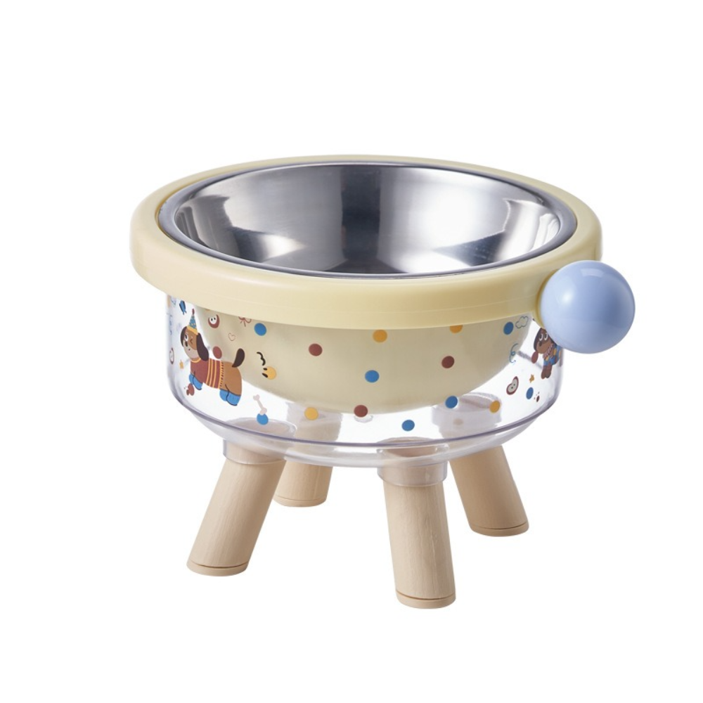 Pet bowl with legs and a ball, showing dimensions on a white background